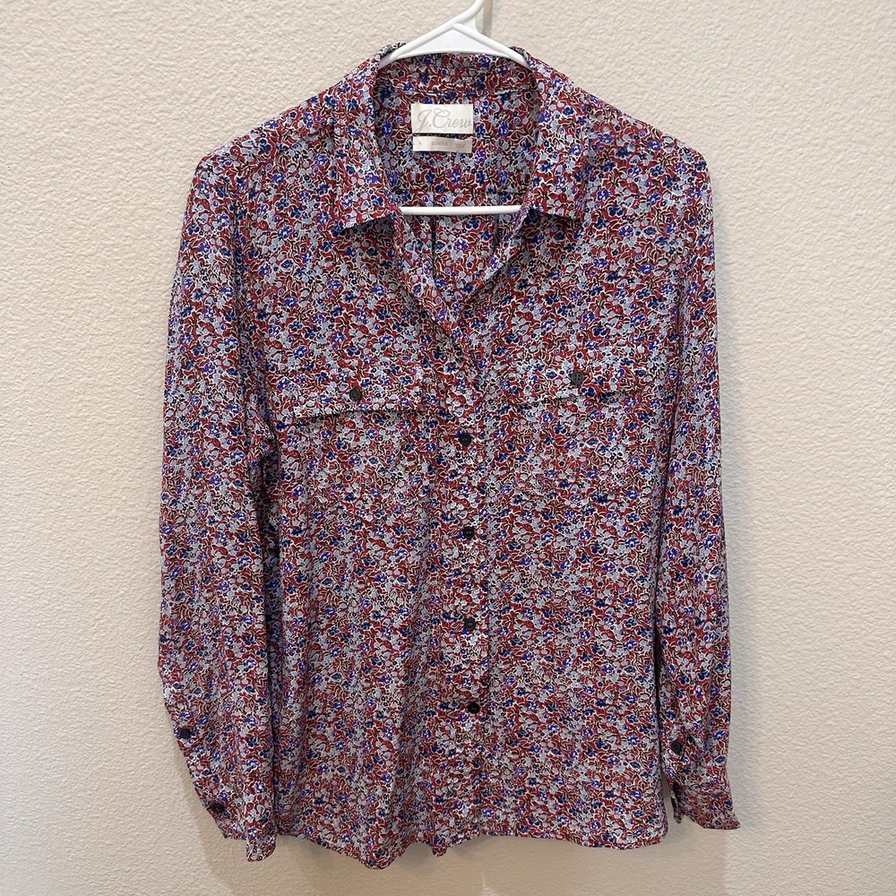 J Crew Classic Silk Blythe Blouse Shirt Top Sz 8 Red Blue Floral Office Preppy